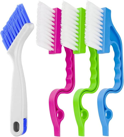 Asltw Swan Neck Cleaning Brush Set, 3 Angled Handle Scrub Brushes + 1 Crevice Brush for Window Tracks, Grout, Corners and Tight Spaces, Firm Bristles for Deep Cleaning in Kitchen and Bathroom