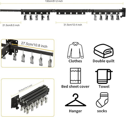 BESy Tri-Fold Foldable Clothes Drying Rack Retractable Hanging Collapsible Dryer Hanger Racks for Laundry Balcony Bathroom Space Saver Outdoor Indoor 20 Clips Aluminum Alloy Wall Mounted Matte Black