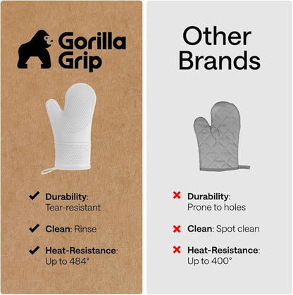 GORILLA GRIP BPA-Free Soft Silicone Oven Mitts, 14.5x8.3, Heat Resistant and Waterproof Cooking Gloves, Thick Cotton Lining, Flexible Gripping for Baking Grilling, Kitchen Potholders Set of 2, White