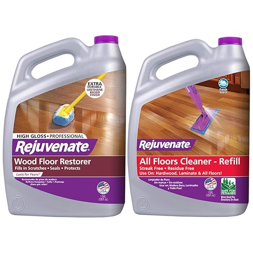 Rejuvenate Professional Wood Floor Restorer and Polish with Durable Finish Application High Gloss Finish 128oz & All Fllors Cleaner 128oz