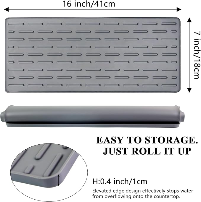 Silicone Coffee Mat, 16"X7" Heat-Resistant,Eco-friendly,Hygienic Drying Pad,Leak-Proof and Non-Slip,Removable Silicone Mat with Concave and Convex Design,（Gray 16X7）