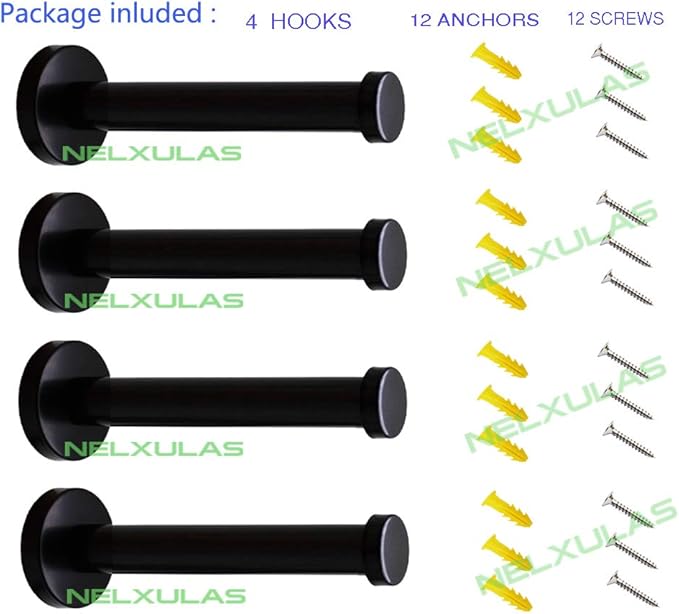 Classic Black Stainless Steel Heavy Duty Wall Mount Hooks, Bath Towel Hooks, Coat Hanger, Handbag Hooks, 4 in Pack (6")