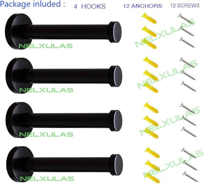 Classic Black Stainless Steel Heavy Duty Wall Mount Hooks, Bath Towel Hooks, Coat Hanger, Handbag Hooks, 4 in Pack (6")