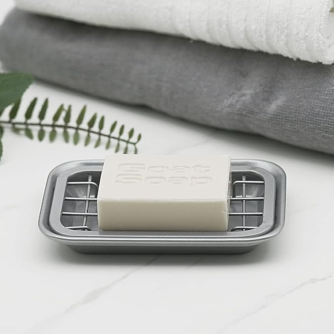 SheeChung Kitchen and Bathroom Soap Dish Tray - Metal Soap Dish Tray with Drainage Grid and Holder for Kitchen Sink Countertops to Store Soap, Sponges, Scrubbers - Rust Resistant (1 Pack, Silver)