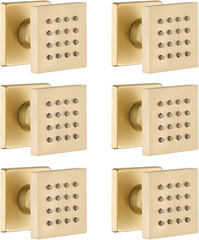 Brushed Gold 6 Pack HOMEDEC 2inch Round Brass Square Massage Shower Body Sprayer Jets