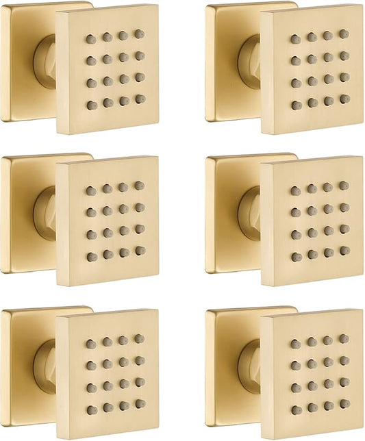 Brushed Gold 6 Pack HOMEDEC 2inch Round Brass Square Massage Shower Body Sprayer Jets