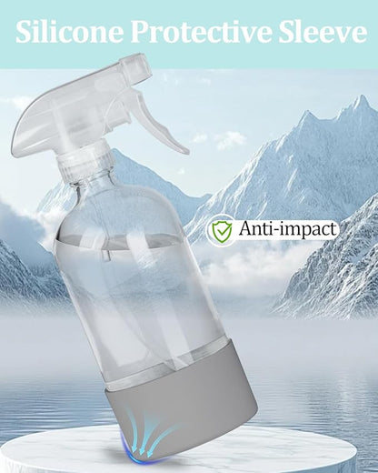 2 Pack 360° Glass Spray Bottles with Silicone Sleeve, 16 oz Empty Refillable Containers with Adjustable Spray Nozzles, Spray Bottles for Hair, Cleaning Solutions and Plants Grey