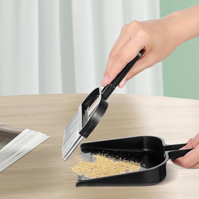 Mini Dustpan and Brush: 2 Sets of Compact Dust Hand Broom and dust pan Combo - Nesting Design for Home Cleaning Desks, Keyboard, Drawers, Pet Rooms, Black, 8.5 X 6.3 Inches