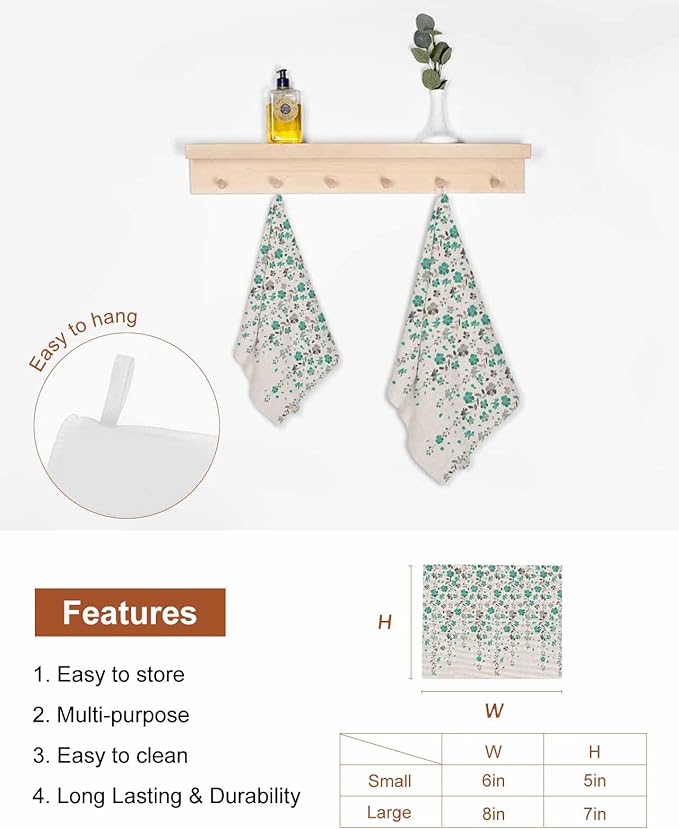 4 Pack Flower Teal Kitchen Dish Cloths, Grey Cherry Blossoms Cotton Linen Background Dishcloths for Kitchen, Reusable Paper Towels, Super Absorbent Quick Drying Washcloths Cleaning Wipes, 6x5 inch
