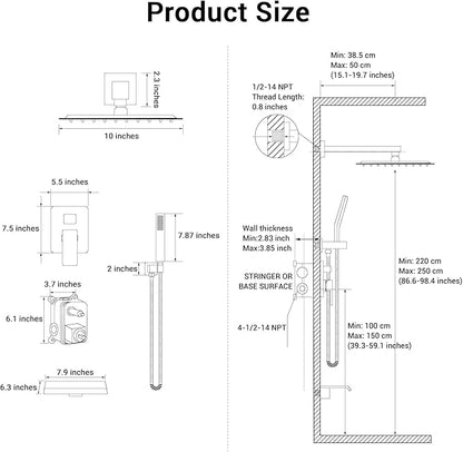 Rain Shower Faucet Set Wall Mounted Rainfall with Tub Spout Shower Head System Rough-in Valve Body and Trim Included Chrome (10 Inches)