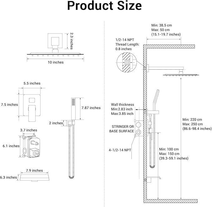 Rain Shower Faucet Set Wall Mounted Rainfall with Tub Spout Shower Head System Rough-in Valve Body and Trim Included Black (10 Inches)