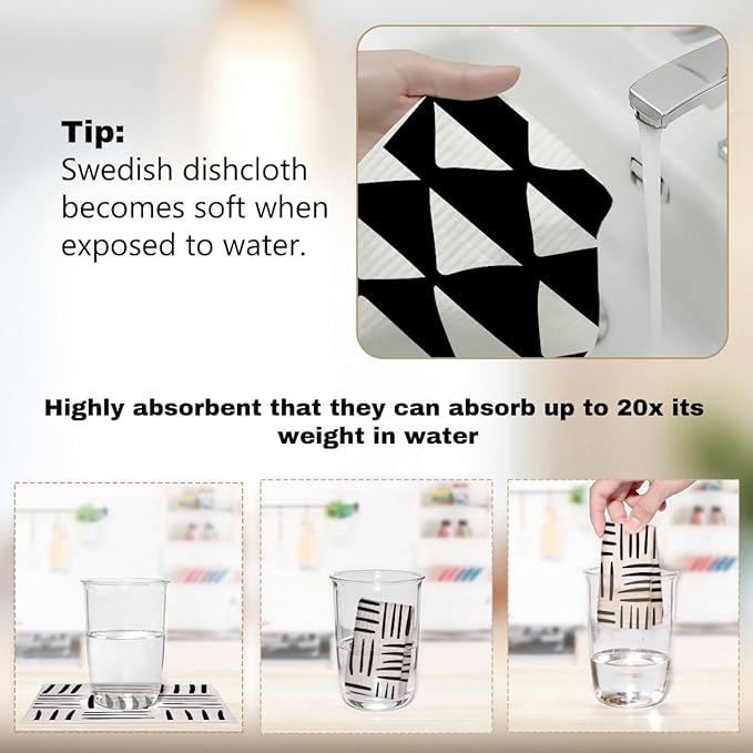 Swedish Dishcloths 6 Pack, Black White Geometric Reusable Paper Towel Alternatives, Washable Absorbent Cellulose Sponge Cloths No Odor, Kitchen Dish Washing Cloths, Kitchen Gifts for Women
