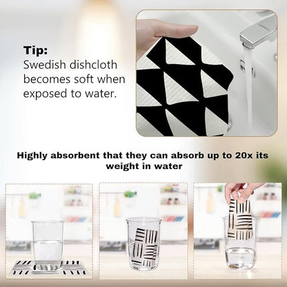 Swedish Dishcloths 6 Pack, Black White Geometric Reusable Paper Towel Alternatives, Washable Absorbent Cellulose Sponge Cloths No Odor, Kitchen Dish Washing Cloths, Kitchen Gifts for Women