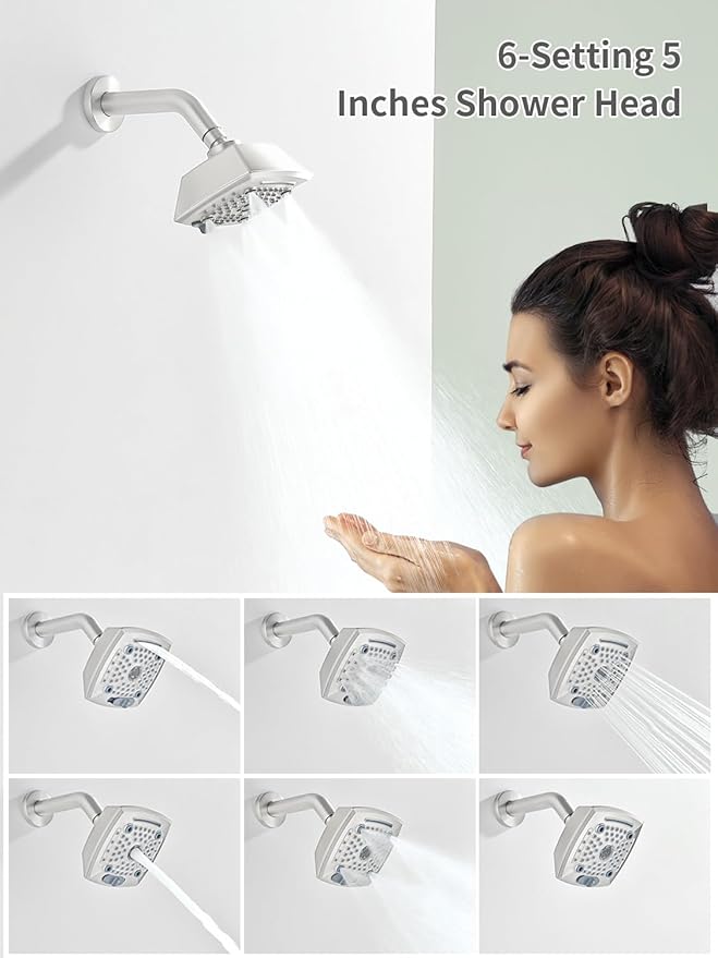 Brushed Nickel Shower Faucet Set 6 Setting Shower Head 5 Inch Shower Trim Kit Modern shower valve kit High Pressure Shower Fixtures Shower System
