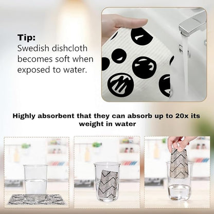6 Pack Swedish Reusable Kitchen Dishcloths, Black White Geometric Cellulose Sponge Cloths, Washable Absorbent No Odor Eco Towels, Dish Washing Cleaning Supplies