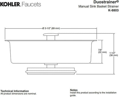 KOHLER K8803-CP Duostrainer Sink Strainer Basket, Removeable Stainless Steel Open/Close Stopper, Tight Seal, Polished Chrome