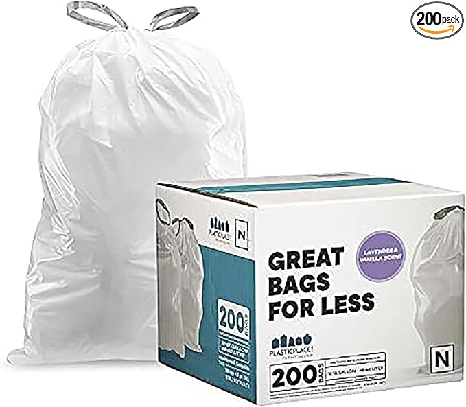 Plasticplace White Drawstring Lavender and Soft Vanilla Scented Garbage Can Liners, Compatible with Code N (200 Count) 12-13 Gallon, 45-50 Liter, 1.2 Mil, 22.5" x 31.5"