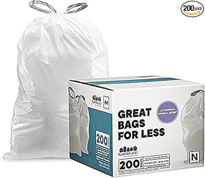 Plasticplace White Drawstring Lavender and Soft Vanilla Scented Garbage Can Liners, Compatible with Code N (200 Count) 12-13 Gallon, 45-50 Liter, 1.2 Mil, 22.5" x 31.5"