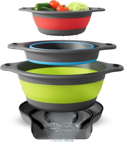 Gevoli Collapsible Colanders with Self-Draining Base for Edge of Sink, Food Strainers (Small/Med/Large), Nested Design for Easy Storage (Red, Blue, Green) (4PC Set)