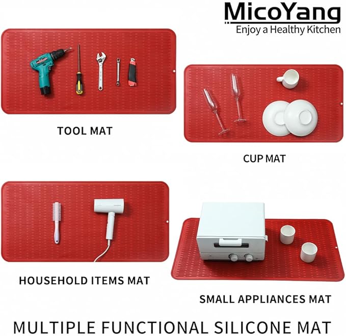 MicoYang Silicone Dish Drying Mat for Multiple Usage,Easy clean,Eco-friendly,Heat-resistant Silicone Mat for Kitchen Counter or Sink,Refrigerator or Drawer Liner Red 5XL 36inches x 18inches