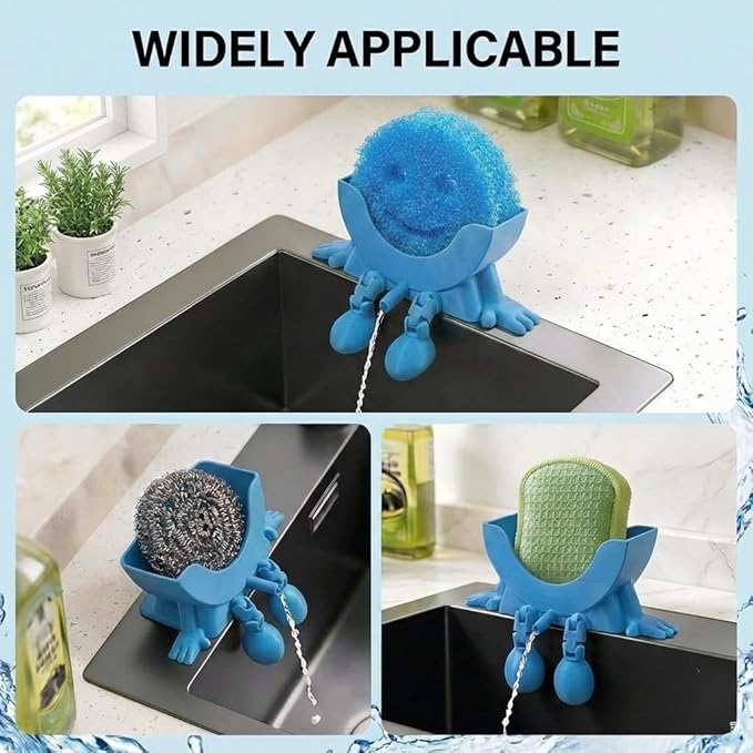 Creative Hanging Sponge Holder with Drainage/Traceless Glue, 3D Printing Countertop Funny Sponge Holders for Kitchen Sink, Keeps Your Sponge Dry & Smiling, for Scrub Daddy Holder (1, Blue)