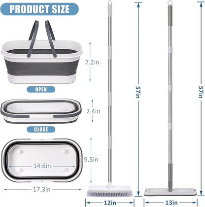 Flat Mop and Bucket Set with Heavy Duty Scrub Brush, 2 Washable Reusable Microfiber Pads, for Tile Hardwood, Wall Cleaning, Home Indoor or Outdoor Cleaning (White-Gray)