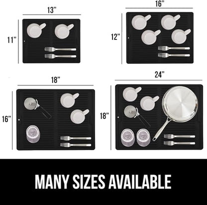 GORILLA GRIP 100% BPA-Free Patented Silicone Dish Drying Mat for Kitchen Counter, Water Catching Ribbed Design, Easy Clean Waterproof Sink Liner, Heat Resistant, Fits Under Rack, 12x16 Inch, Black