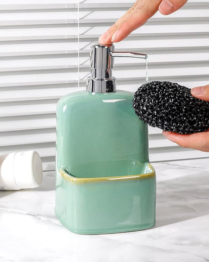 BosilunLife Dish Soap Dispenser - Sage Green Ceramic Kitchen Soap Dispenser with Sponge Holder Matte Ceramic Soap Daddy Dispenser 20oz for Kitchen Soap Pump and Sponges Caddy