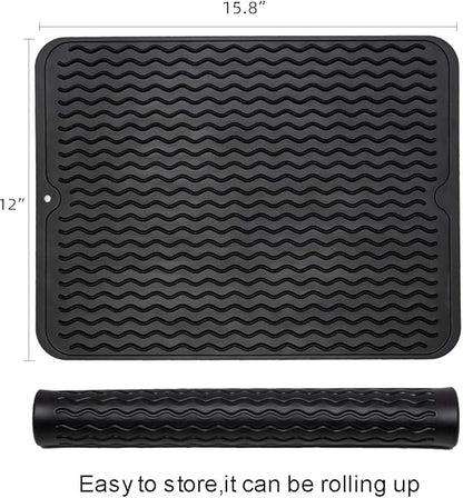 ZLR 2 Pcs Silicone Dish Drying Mat & Heat Resistant Trivet (12" x 16") - Waterproof Counter Protector for Coffee Maker - Non-Slip, BPA Free Kitchen Pad, Easy Clean Dishwasher Safe (Black)