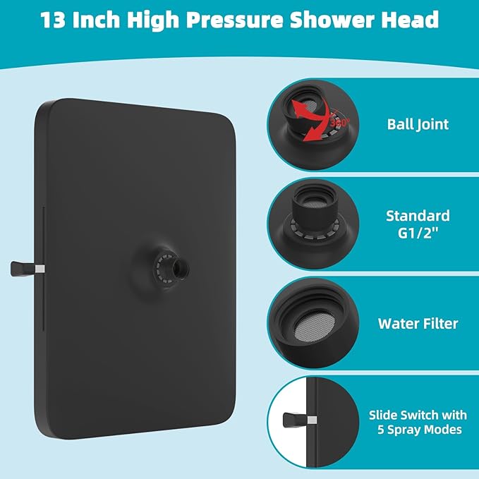 Hibbent cUPC Certified 5 Spray Modes Shower Head, 13'' High Pressure Large Rainfall Shower Head, High Flow Waterfall Bathroom Fixed Showerheads, Adjustable Swivel Ball Joint, Matte Black