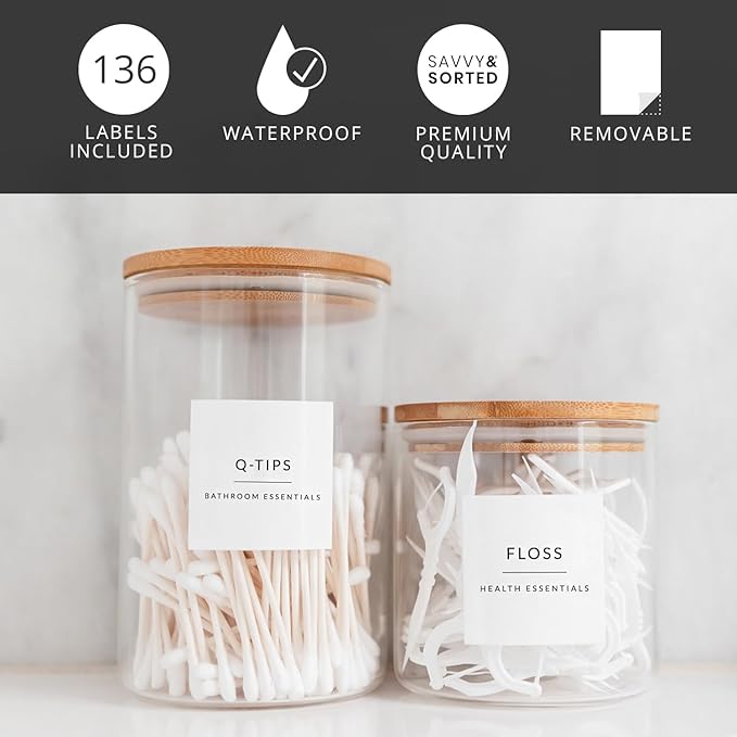 Minimalist Bathroom Labels for Organizing, 136 Preprinted Bath Room and Makeup Organizer Stickers, Waterproof Removable, Soap Shampoo Storage Supplies