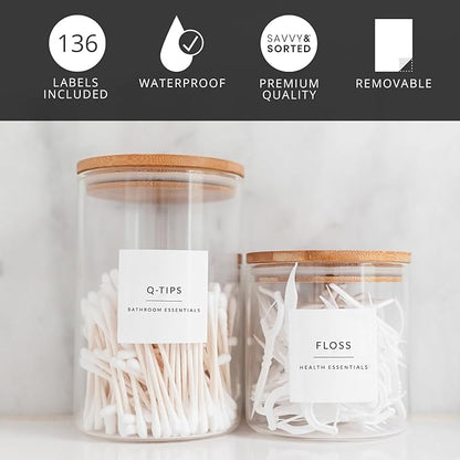 Minimalist Bathroom Labels for Organizing, 136 Preprinted Bath Room and Makeup Organizer Stickers, Waterproof Removable, Soap Shampoo Storage Supplies