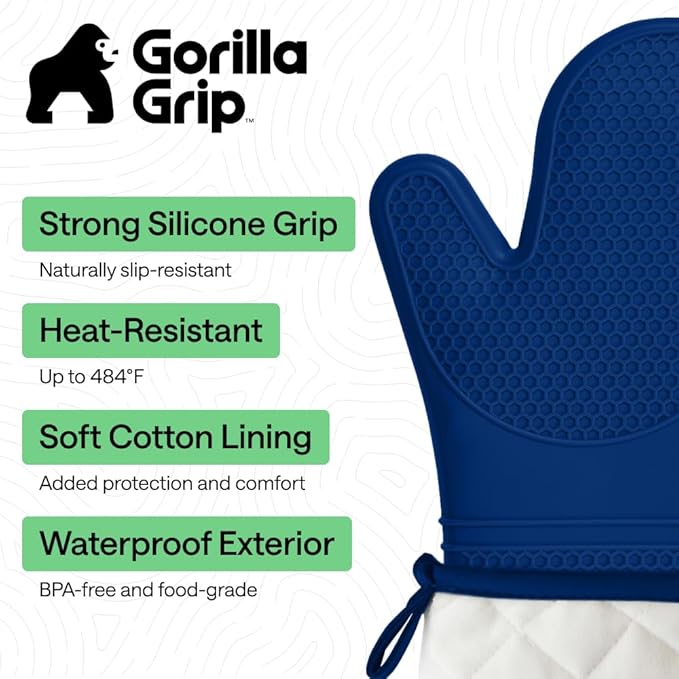 GORILLA GRIP BPA-Free Soft Silicone Oven Mitts, Heat Resistant and Waterproof Cooking Gloves, Thick Cotton Lining, Flexible Gripping for Baking Grilling, Kitchen Potholders Set of 2, 12.5x8.3, Blue