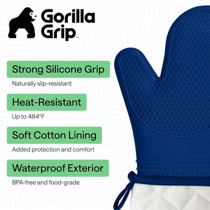 GORILLA GRIP BPA-Free Soft Silicone Oven Mitts, Heat Resistant and Waterproof Cooking Gloves, Thick Cotton Lining, Flexible Gripping for Baking Grilling, Kitchen Potholders Set of 2, 12.5x8.3, Blue