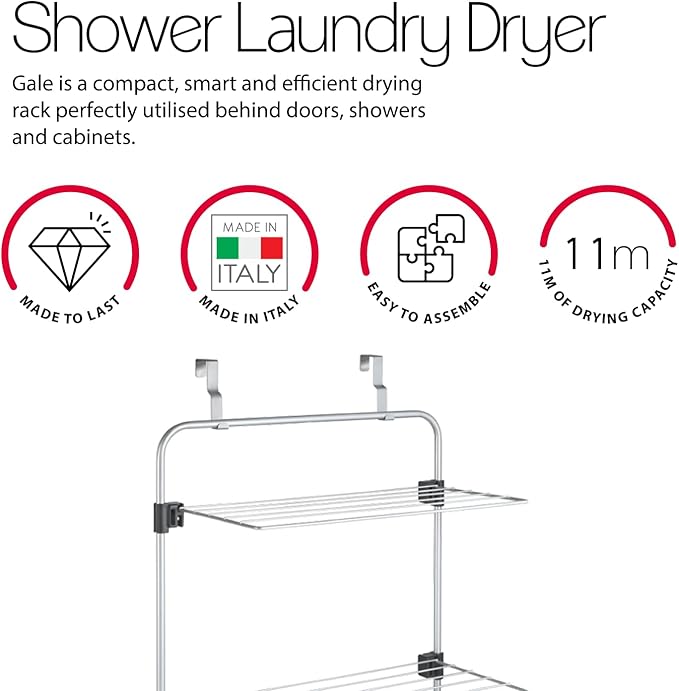 Metaltex Gale Over-The-Door Shower Rack - 3-Tier Drying & Storage Rack Perfect for Laundry & Drying Bathroom Essentials & Towels - Epotherm Coating & Folding Wing - Silver 93 x 57 x 31 Centimetres
