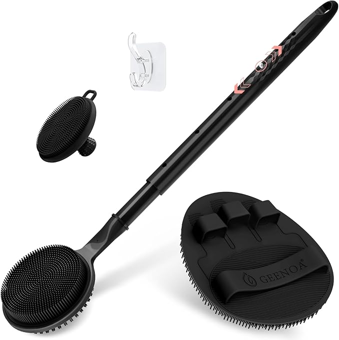 Silicone Back/Face Scrubber & Soft Bath Glove 3PCS, 16''- 24'' Extendable Shower Back Scrubber, 360° Anti-Slip & Hand-fit Silicone Bath Glove, Manual Face Brush for All-Round Cleaning(Black)