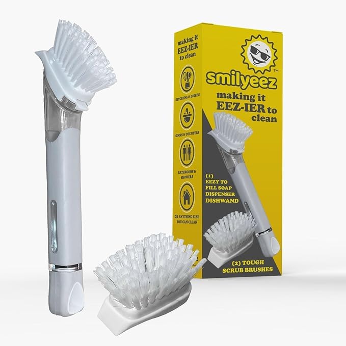 Smilyeez Soap Dispensing Dishwand (Grey) with Ergonomic Handle and 2 Interchangeable Brushes - Effortless Cleaning and Long-Lasting Durability - Kitchen and Dishwashing Essential