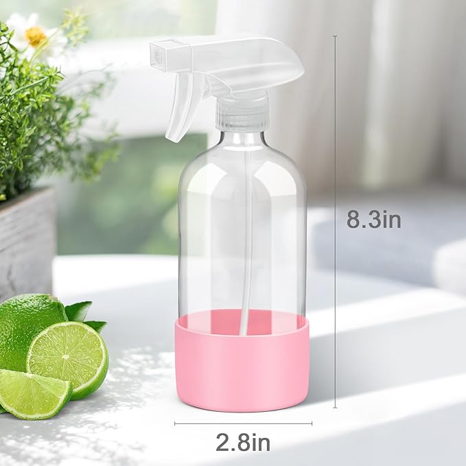 Rionisor Glass Spray Bottles with Silicone Sleeve Protection, Empty 16 oz Refillable Containers, Reusable Spray Bottles with Adjustable Nozzle for Hair, Cleaning Solutions, 3 Pack Pink