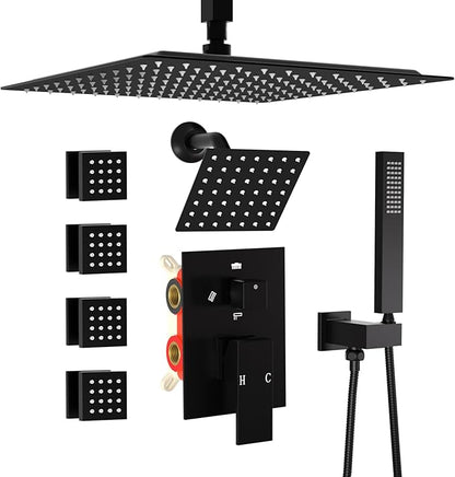 Enga Dual Shower Head Shower System with Body Jets, 12" Ceiling Mounted Rain Shower Head & 6" Wall Mounted Head Full Body Rainfall Shower Faucet with Valve Kit, Matte Black