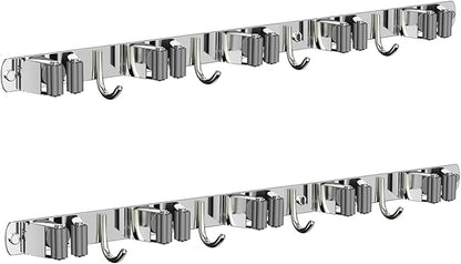 CUXIXA 2 Pack Mop and Broom Holder Wall Mount, Non-slip Broom Hanger Wall Mount, Heavy Duty Mop Broom Organizer for Kitchen Garden Garage Laundry Room Wall Decor Organization and Storage Silver 5R4H