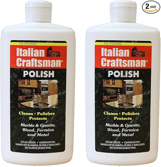 Granite & Mable Polish - Cleans & Protects - Italian Craftsman Made in The USA - Pack of 2 16 Oz ea - Multi-Surface Kitchen & Bathroom Cleaner Polishes Wood Formica Metals Cleans Furniture Sinks