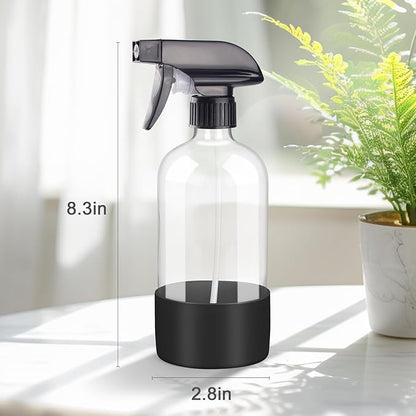 Worldgsb 2 Pack Glass Spray Bottles with Silicone Sleeve, 16 oz Empty Refillable Containers with Adjustable Spray Nozzles, Spray Bottles for Hair, Cleaning Solutions and Plants Black&Grey