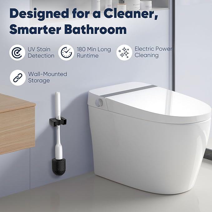 EKZ Electric Toilet Brush with UV Stain Detection, High-Torque Power, Dual-Speed (80/200 RPM), Splash-Resistant Silicone Scrubber Head, Hygienic Wall-Mount Holder, Type-C Rechargeable, White