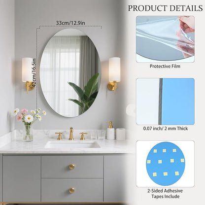 DARENYI 16.5 x 13 inch Frameless Oval Wall Mirror for Bathroom Sink, Non-Glass Shatterproof Acrylic Mirror Tile for Wall, Vanity, Bedroom, Living Room, Entryway, Home Decor, Double-sided Tapes Include