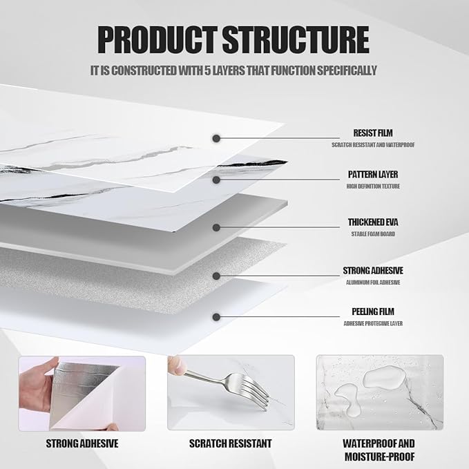 Chejiaye 10pcs Marble Peel and Stick Backsplash Waterproof Washroom Wall Panels, Peel and Stick Tile, PVC Foam Wall Panels for Kitchen,Bathroom,living room,White and Black(Not Real Tile,11.8" x 11.8")