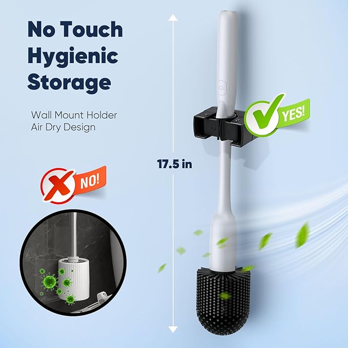 EKZ Electric Toilet Brush with UV Stain Detection, High-Torque Power, Dual-Speed (80/200 RPM), Splash-Resistant Silicone Scrubber Head, Hygienic Wall-Mount Holder, Type-C Rechargeable, White