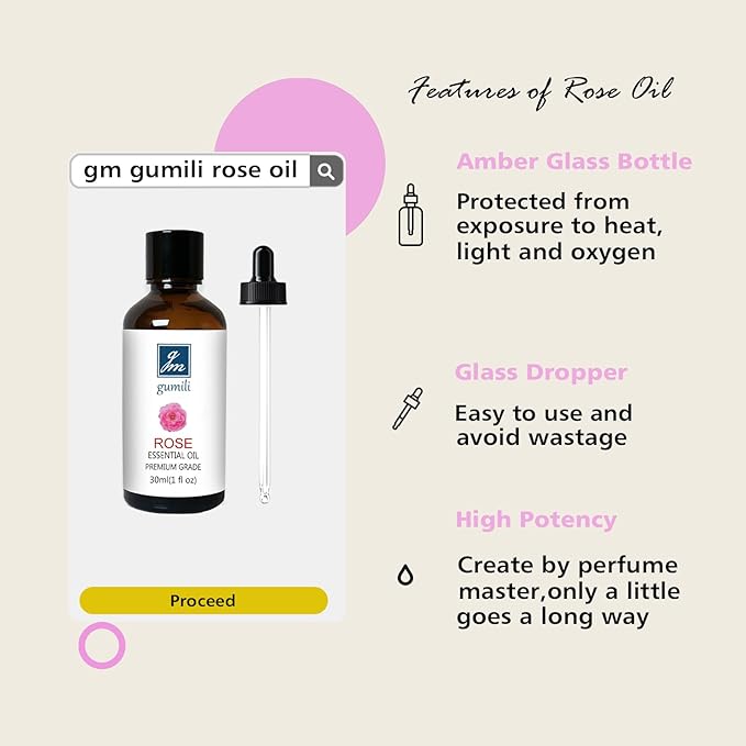 GM Gumili Rose Essential Oil for Face, Hair, Body, Skin, Aromatherapy, Essential Oils Diffuser, DIY Blends - 1 Oz