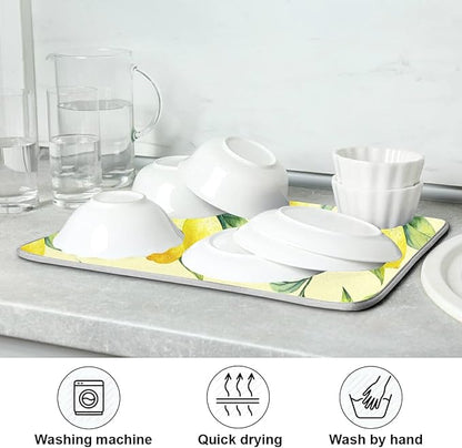 Super Absorbent Dish Drying Mat, Microfiber Fast-Drying Dish Mat, 24" x 18", Kitchen Dish Drying Pad, Vintage Yellow Lemon With Leaves