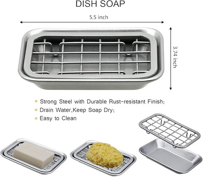 SheeChung Kitchen and Bathroom Soap Dish Tray - Metal Soap Dish Tray with Drainage Grid and Holder for Kitchen Sink Countertops to Store Soap, Sponges, Scrubbers - Rust Resistant (1 Pack, Silver)