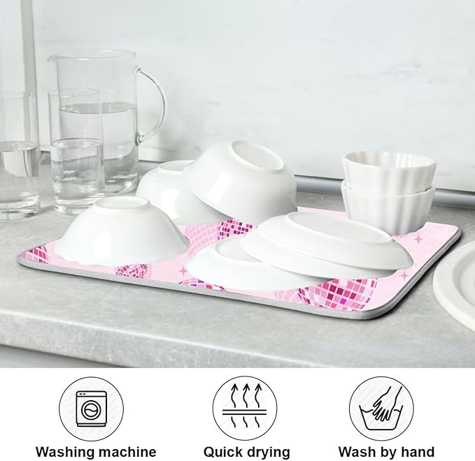 Disco Balls Pink Dish Drying Mat for Kitchen Counter Absorbent Microfiber Drying Pad, Medium 16x18 in, Reversible Drainer Mats